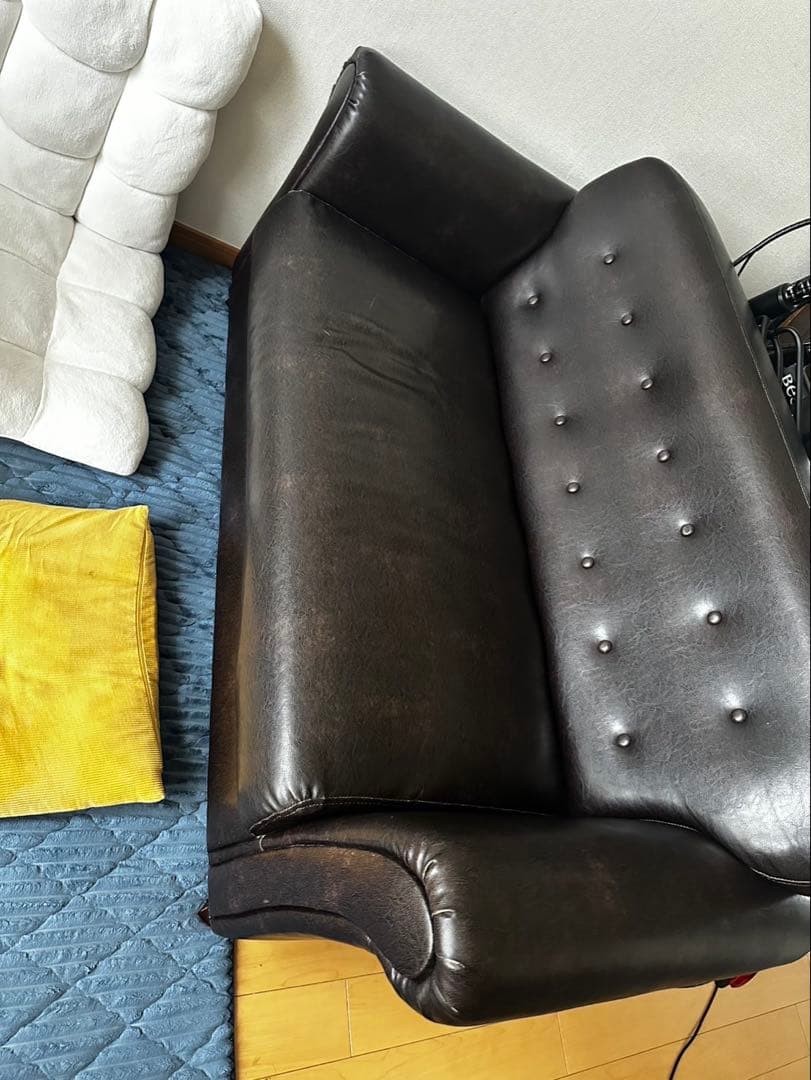 ダークブラウン 合成皮革 2人掛け ソファ ヴィンテージ風