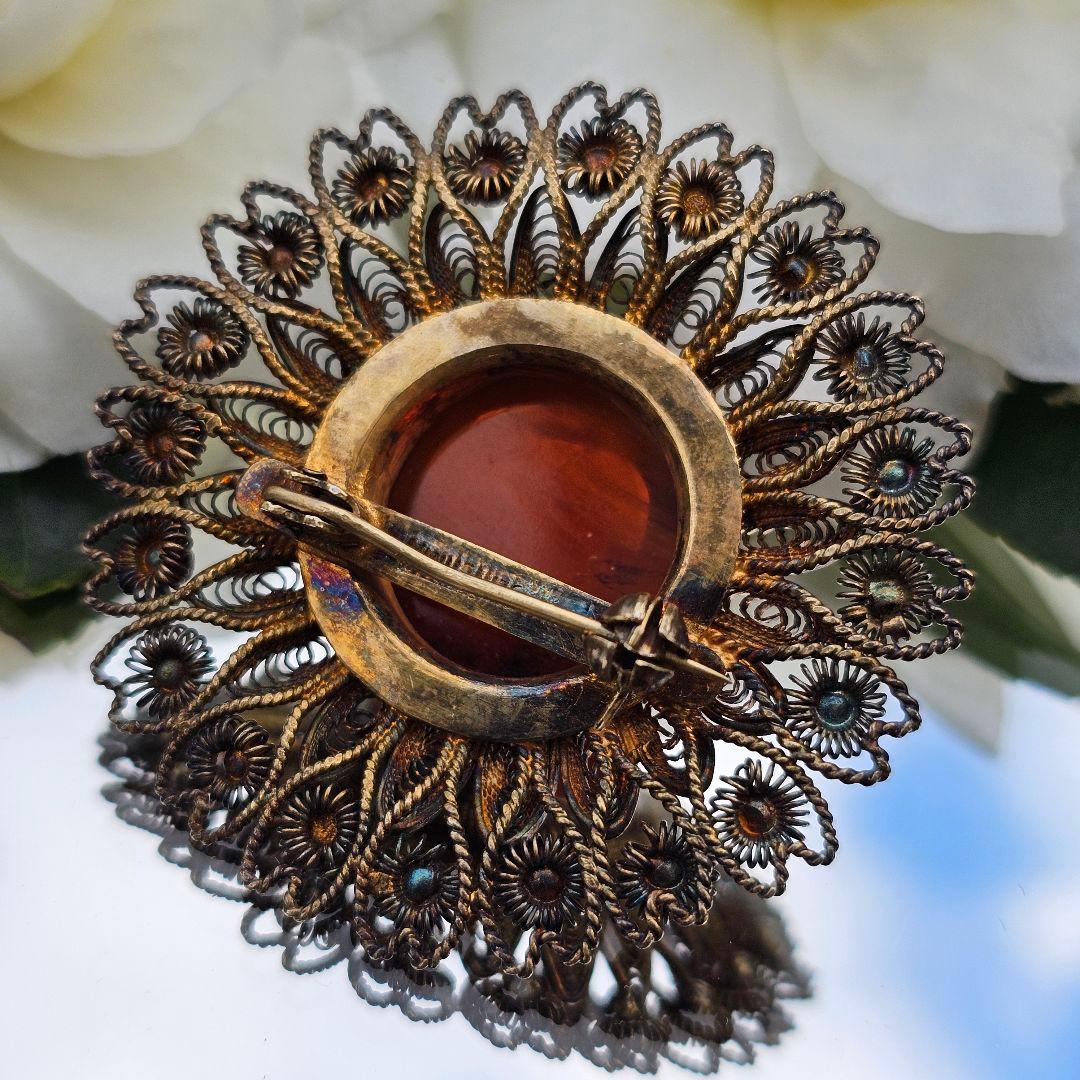 【255】 琥珀　アンバー　銀線細工　ヴィンテージブローチ