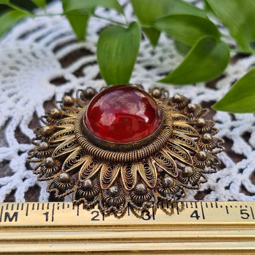 【255】 琥珀　アンバー　銀線細工　ヴィンテージブローチ