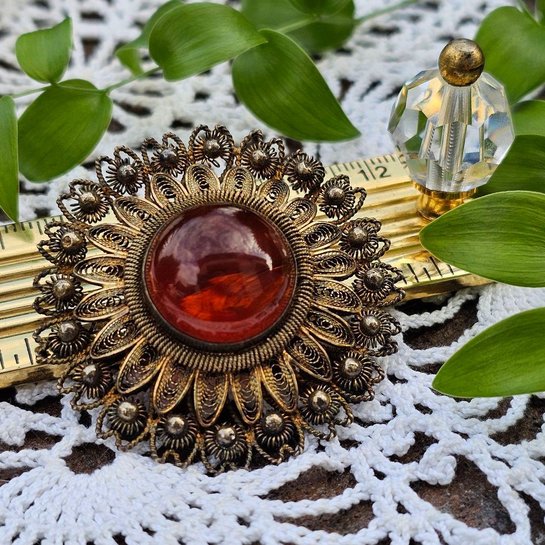 【255】 琥珀　アンバー　銀線細工　ヴィンテージブローチ