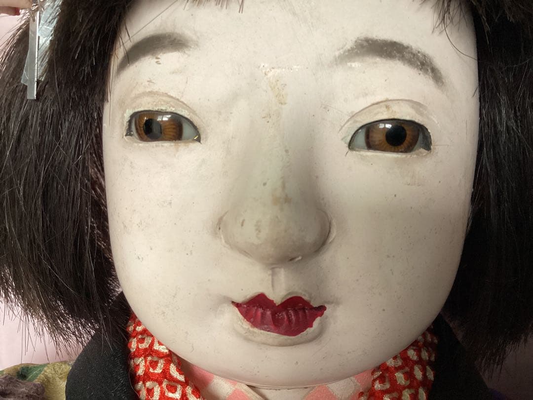 市松人形 ビスクドール昭和レトロ　吹子付き　座布団付　ガラス眼　人毛　抱き人形