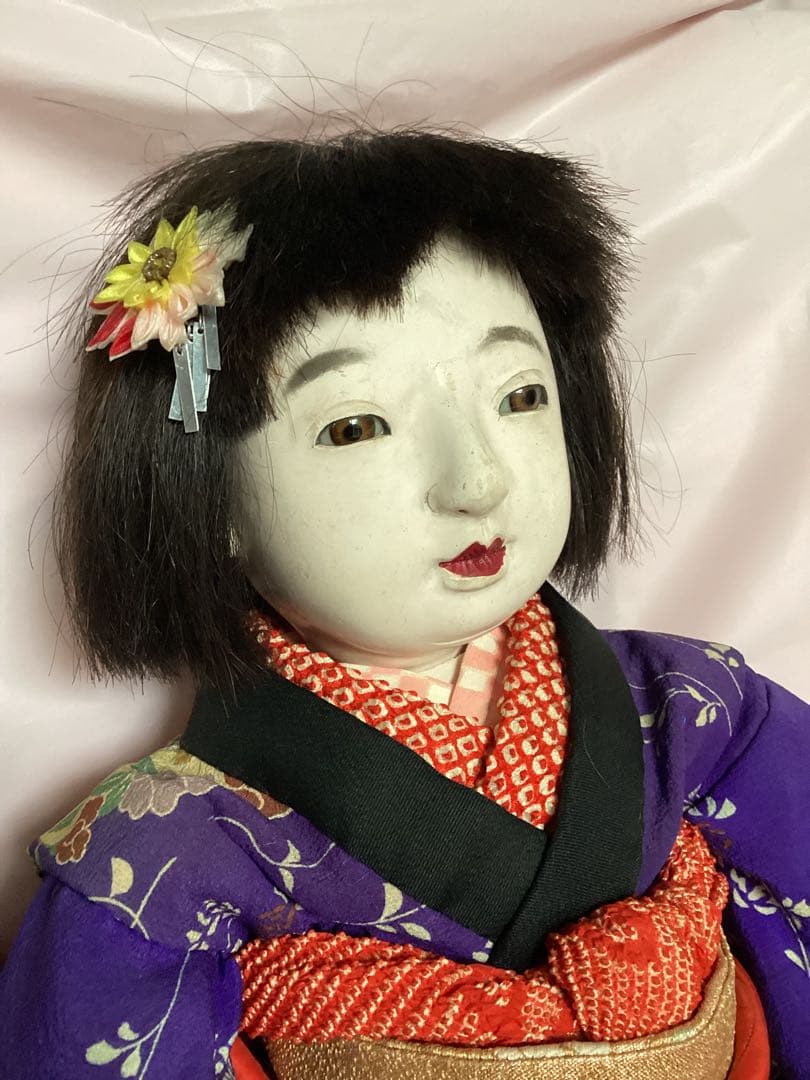 市松人形 ビスクドール昭和レトロ　吹子付き　座布団付　ガラス眼　人毛　抱き人形