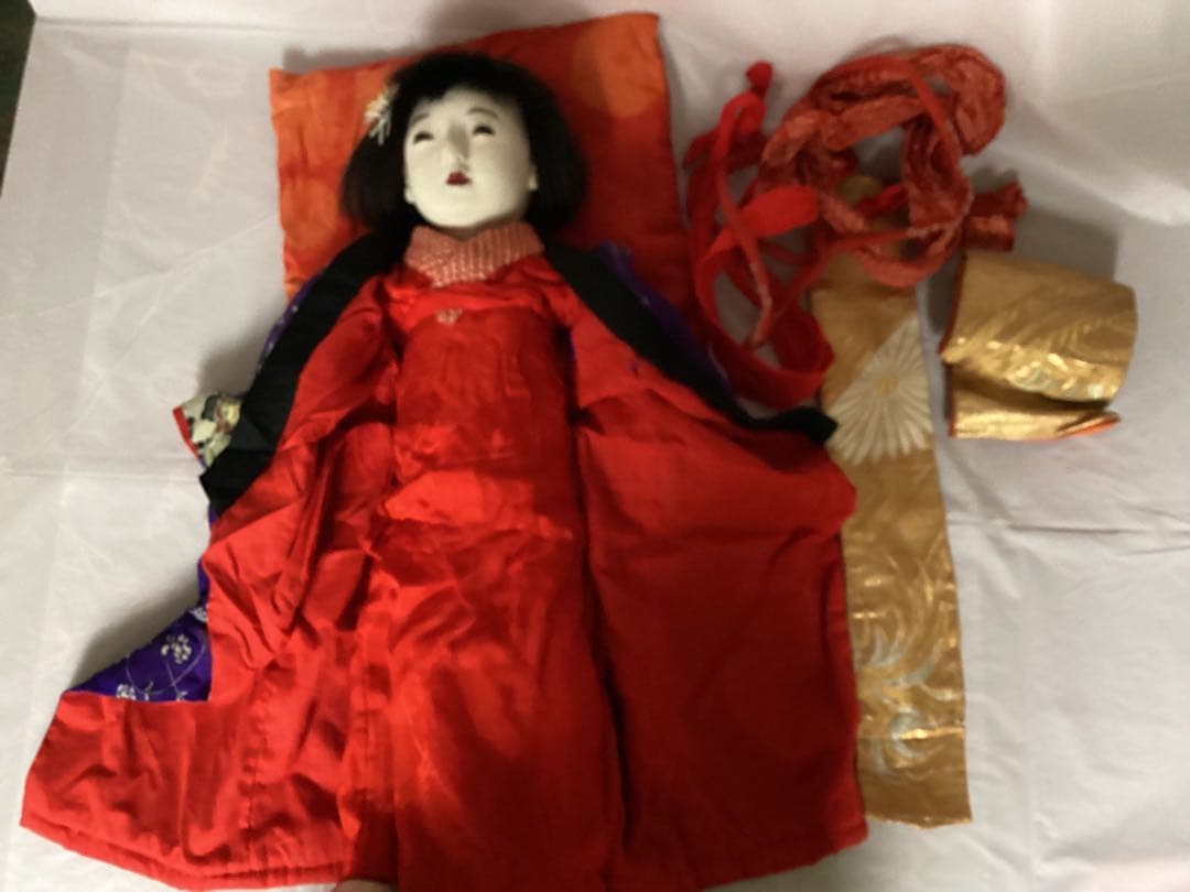 市松人形 ビスクドール昭和レトロ　吹子付き　座布団付　ガラス眼　人毛　抱き人形