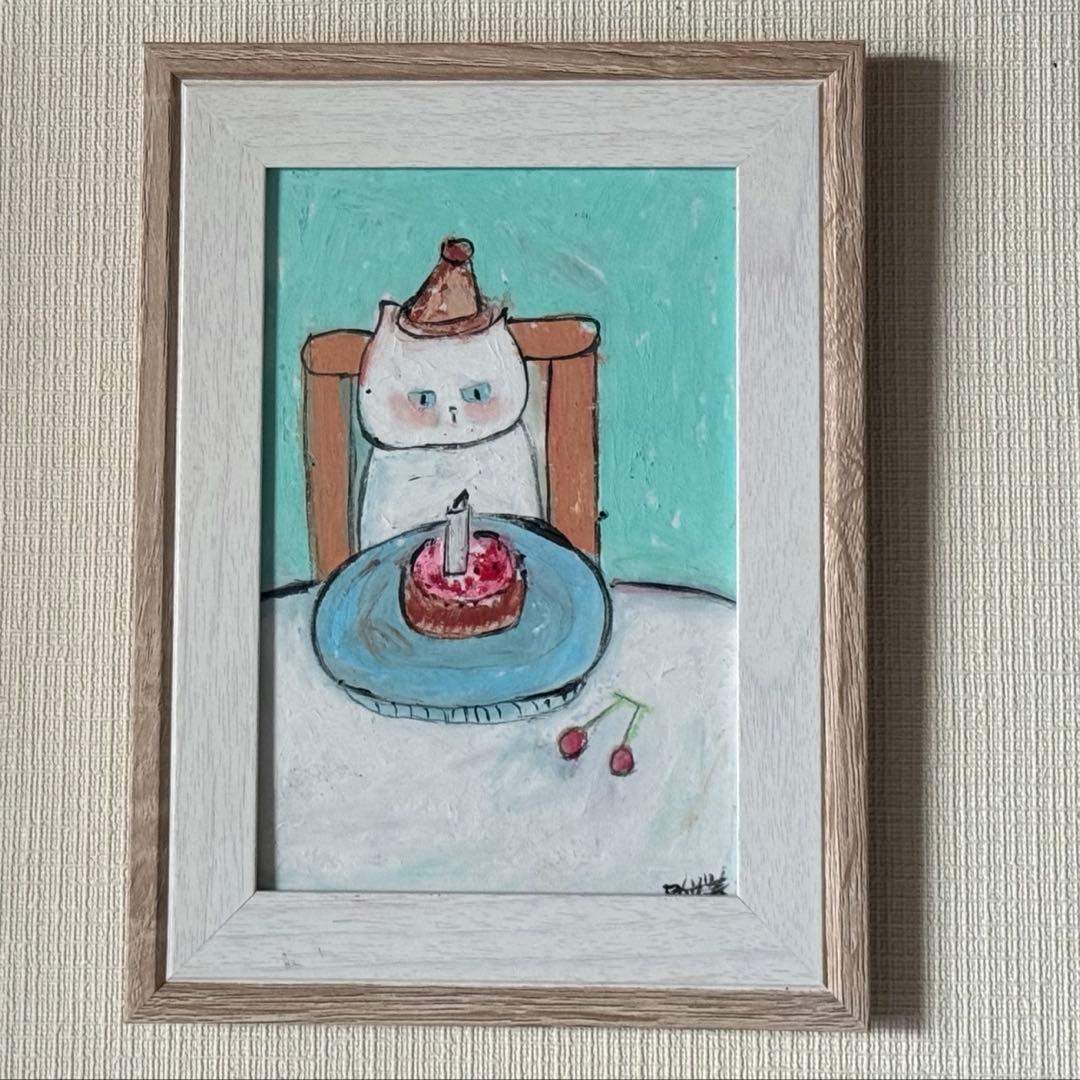 絵画。原画【かわいい白猫の誕生日】