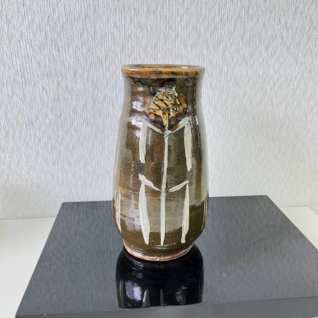 益子焼　名工　佐久間藤太郎　柿地草花絵　花瓶　花器　草花紋　益子民窯　　浜田庄司