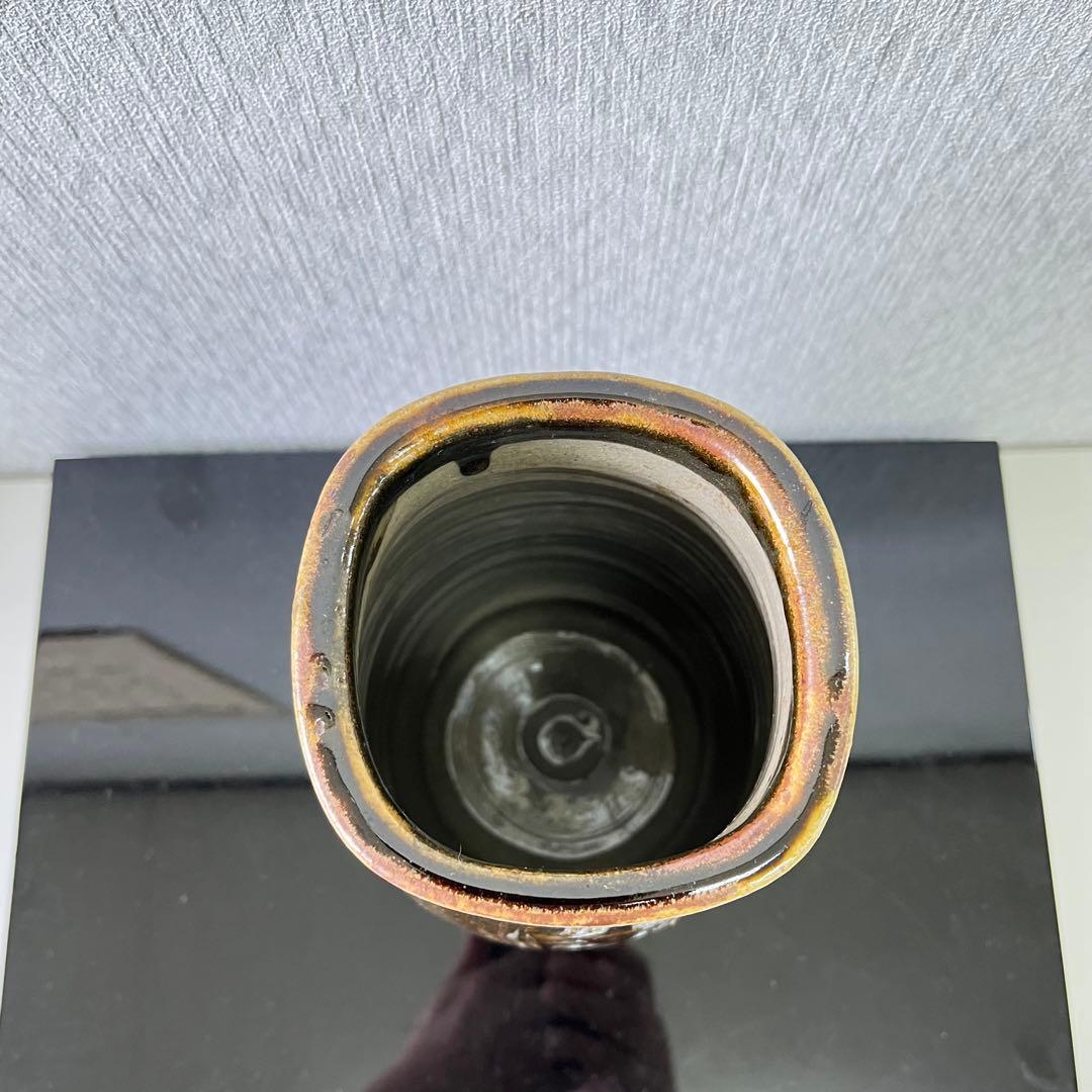 益子焼　名工　佐久間藤太郎　柿地草花絵　花瓶　花器　草花紋　益子民窯　　浜田庄司