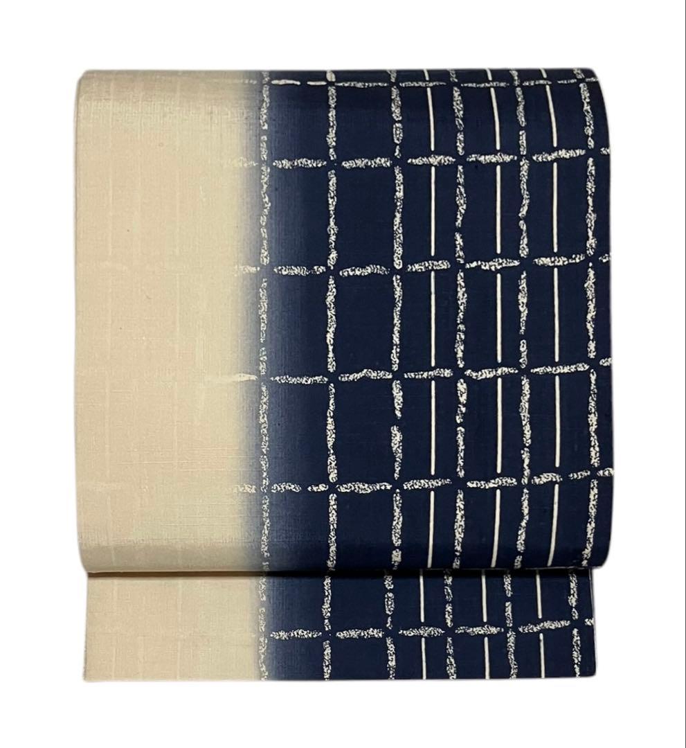 結城紬 藍染め 袋帯 全通柄 正絹 証紙 未使用 寸長 イ5501