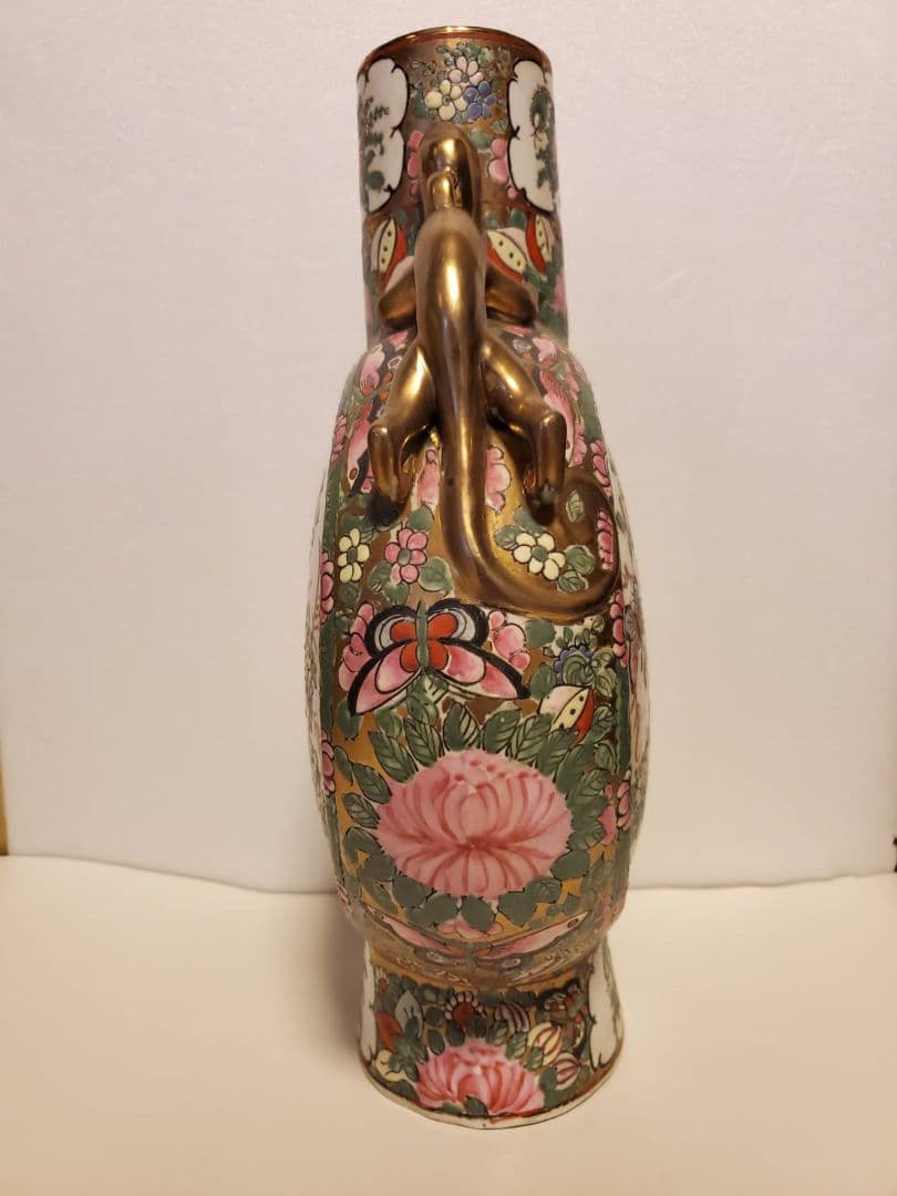 中国古玩　大清乾隆年製　扁壺　粉彩花鳥図双龍耳　花瓶