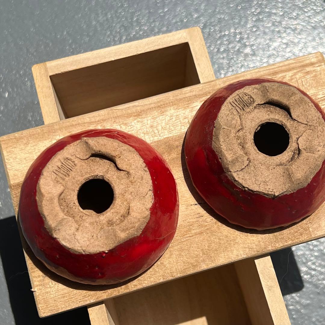 598.豊千 鶏血釉丸鉢2点 箱布付 盆栽鉢 山野草鉢 豆鉢 6.1*2.8cm