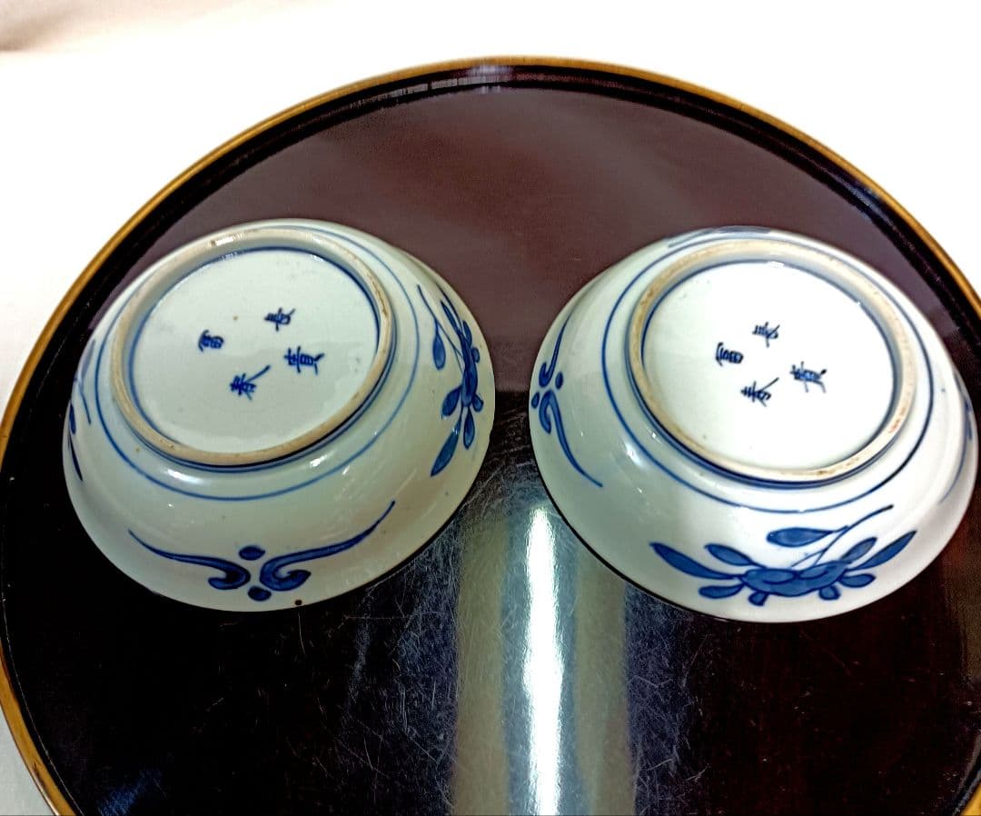 赤と藍の幾何学模様が美しい古伊万里色絵小皿 5枚セット