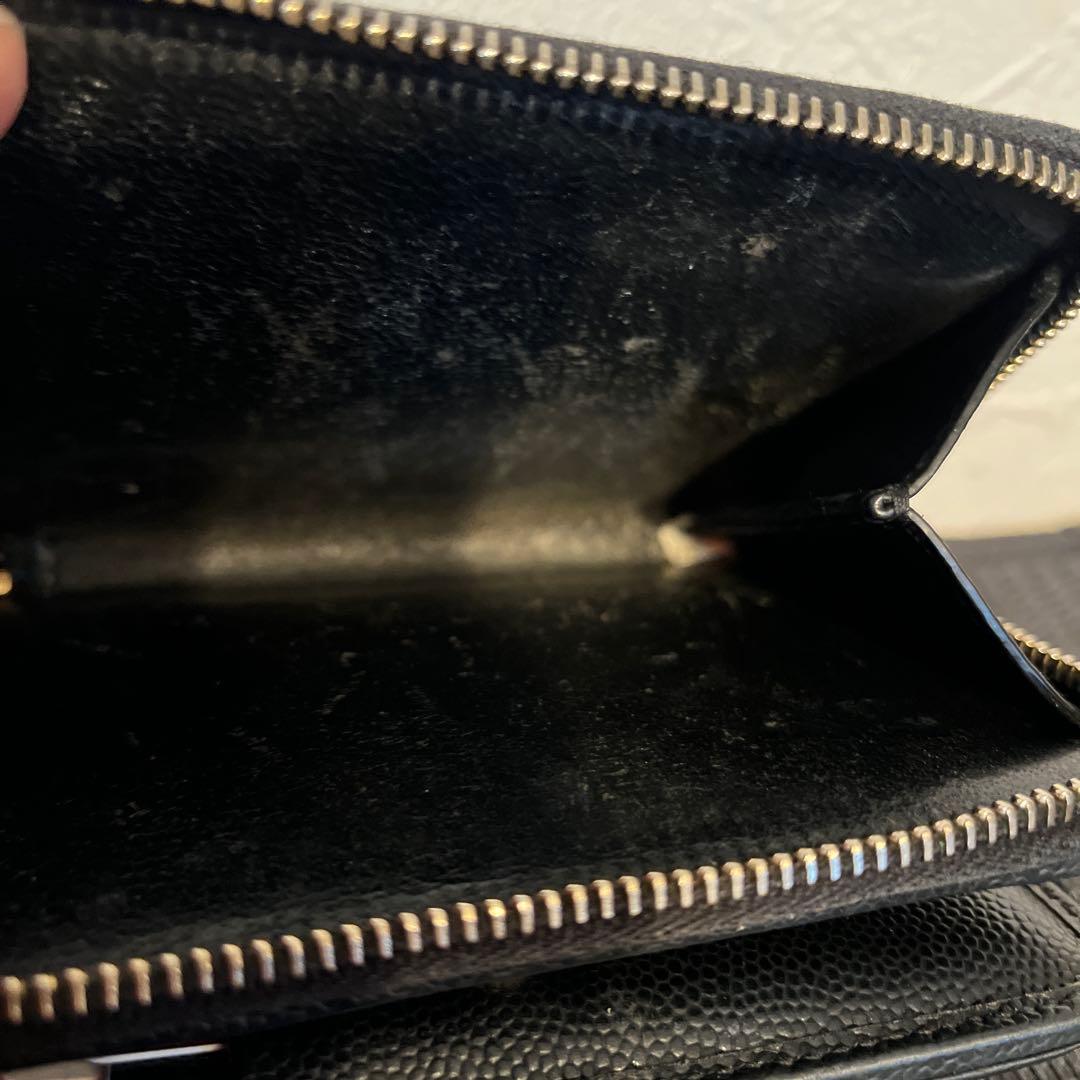 サンローラン　折り財布　キャビアスキン　黒　グレー　レザー　YSLロゴ