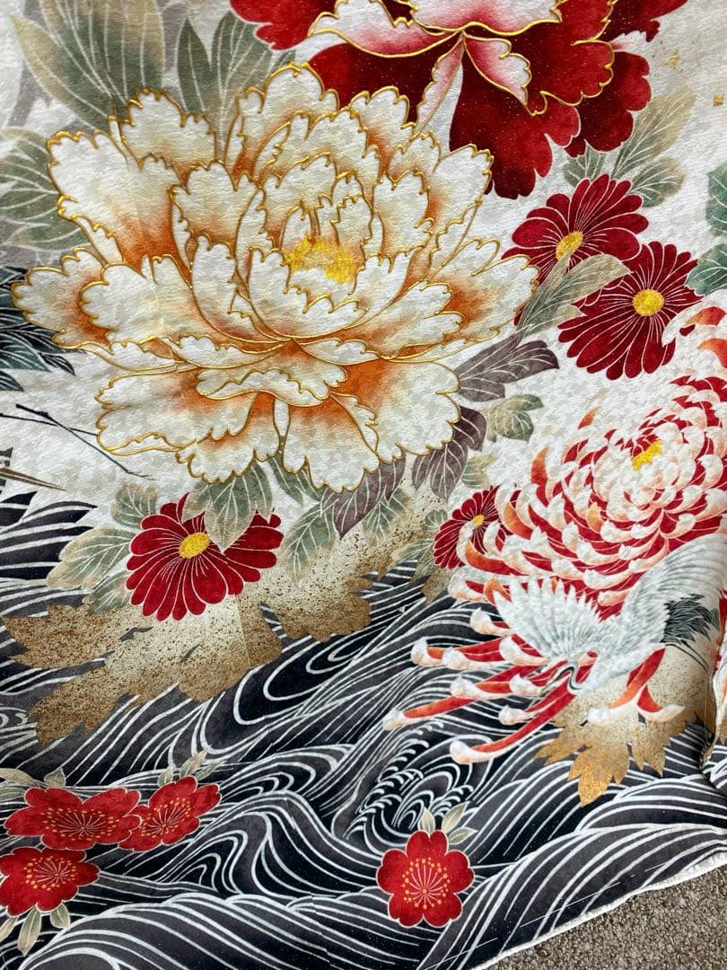 振袖 仮絵羽 舞台衣装 金彩 銀通し 牡丹 鶴 正絹 未仕立て品 八掛付き