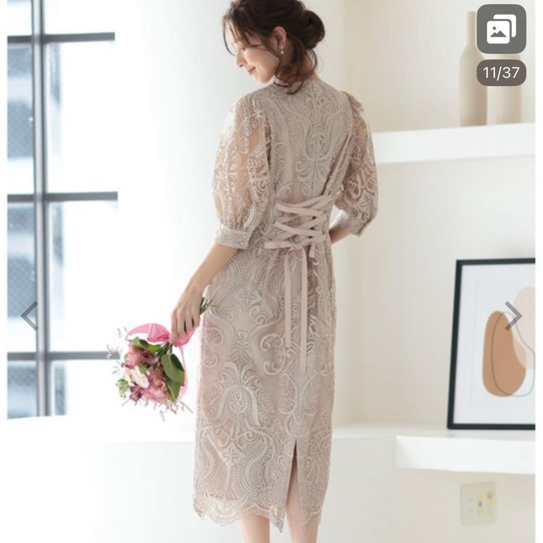 PREFERIR 刺繍レース バックリボンパーティードレス結婚式M グレー