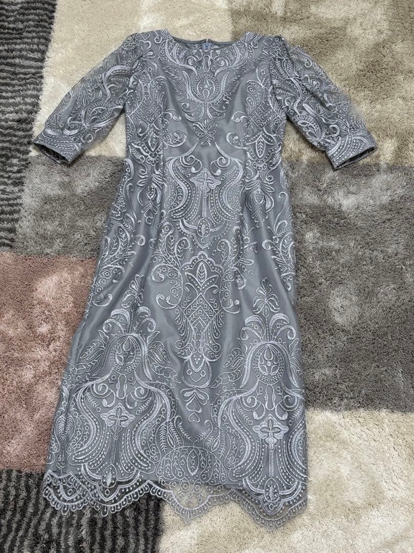 PREFERIR 刺繍レース バックリボンパーティードレス結婚式M グレー