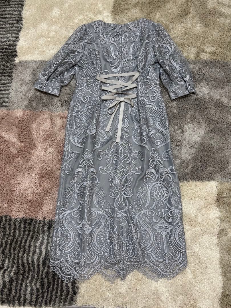 PREFERIR 刺繍レース バックリボンパーティードレス結婚式M グレー