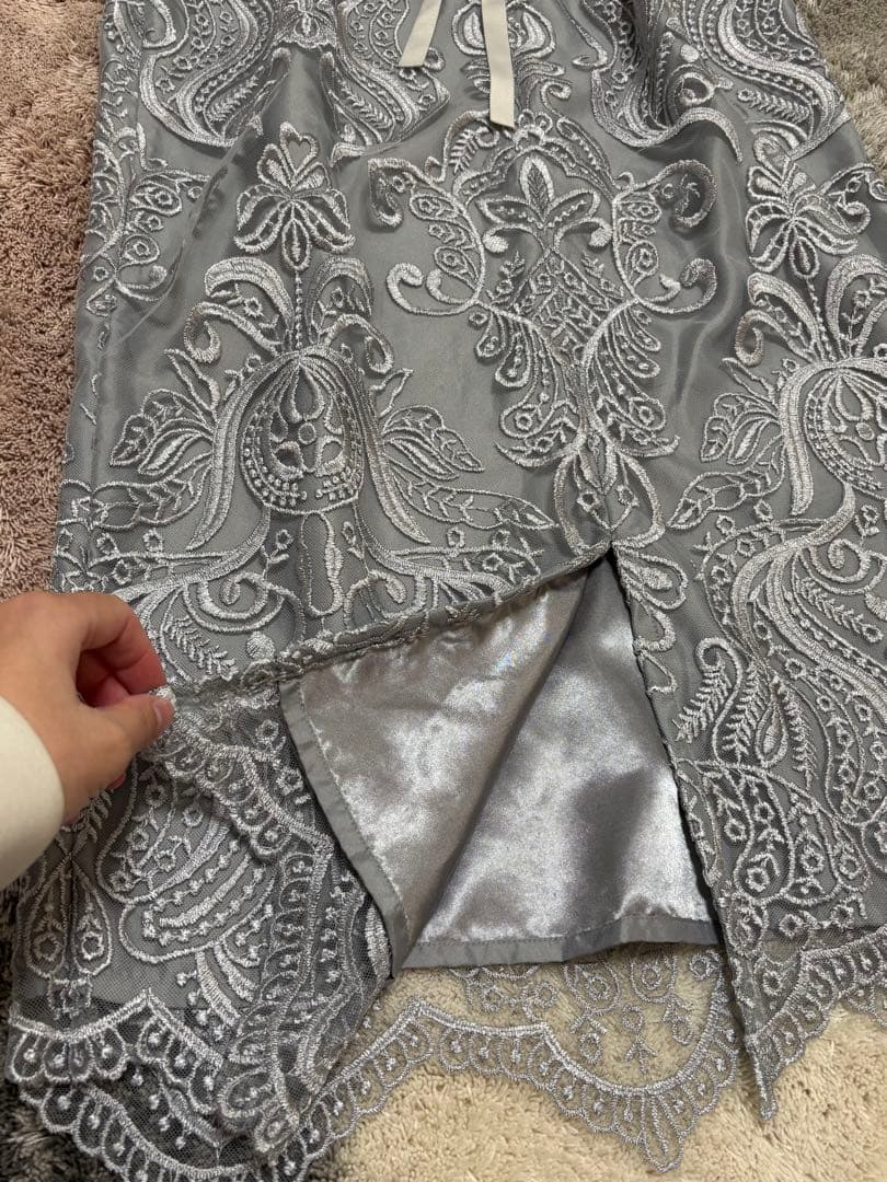 PREFERIR 刺繍レース バックリボンパーティードレス結婚式M グレー