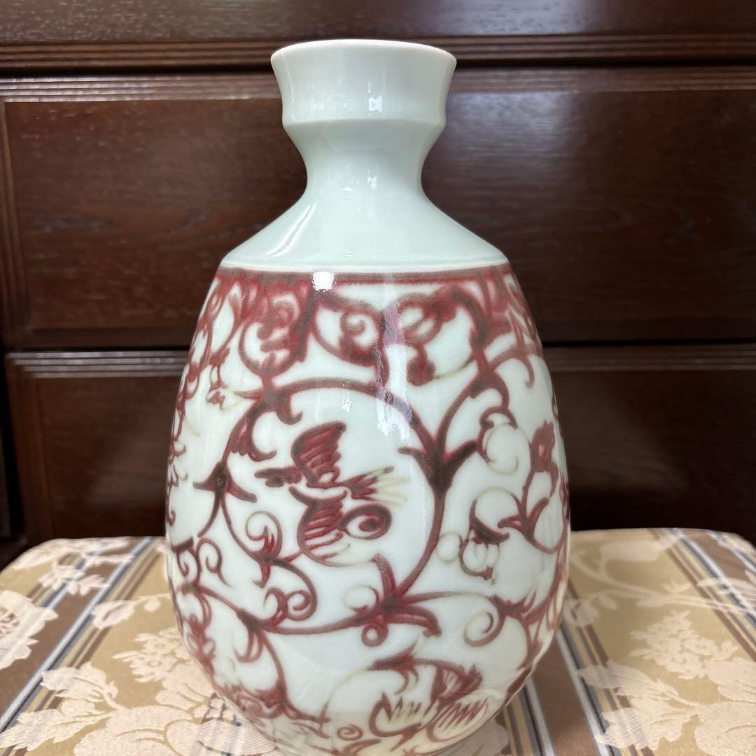 巨匠　吉田隆　釉裏紅　唐草花入　本物保証