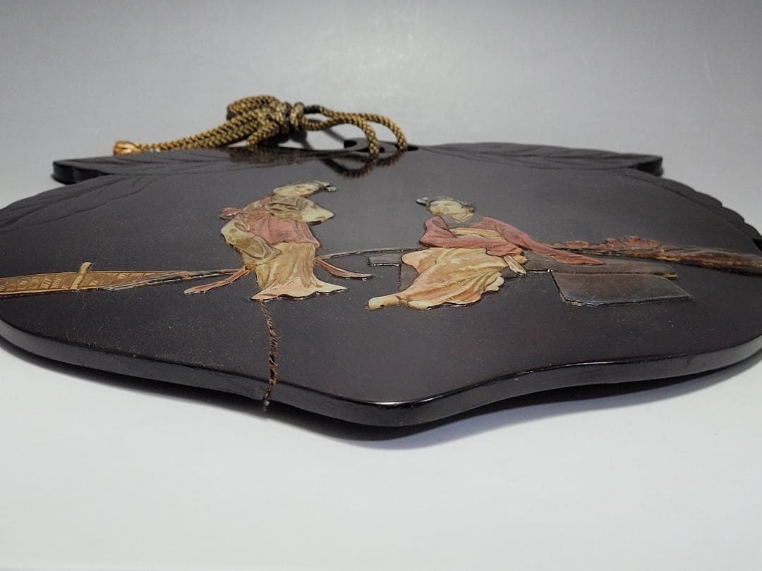 唐木製 寿山石 象嵌 女人図 木板 高さ約30.3cm