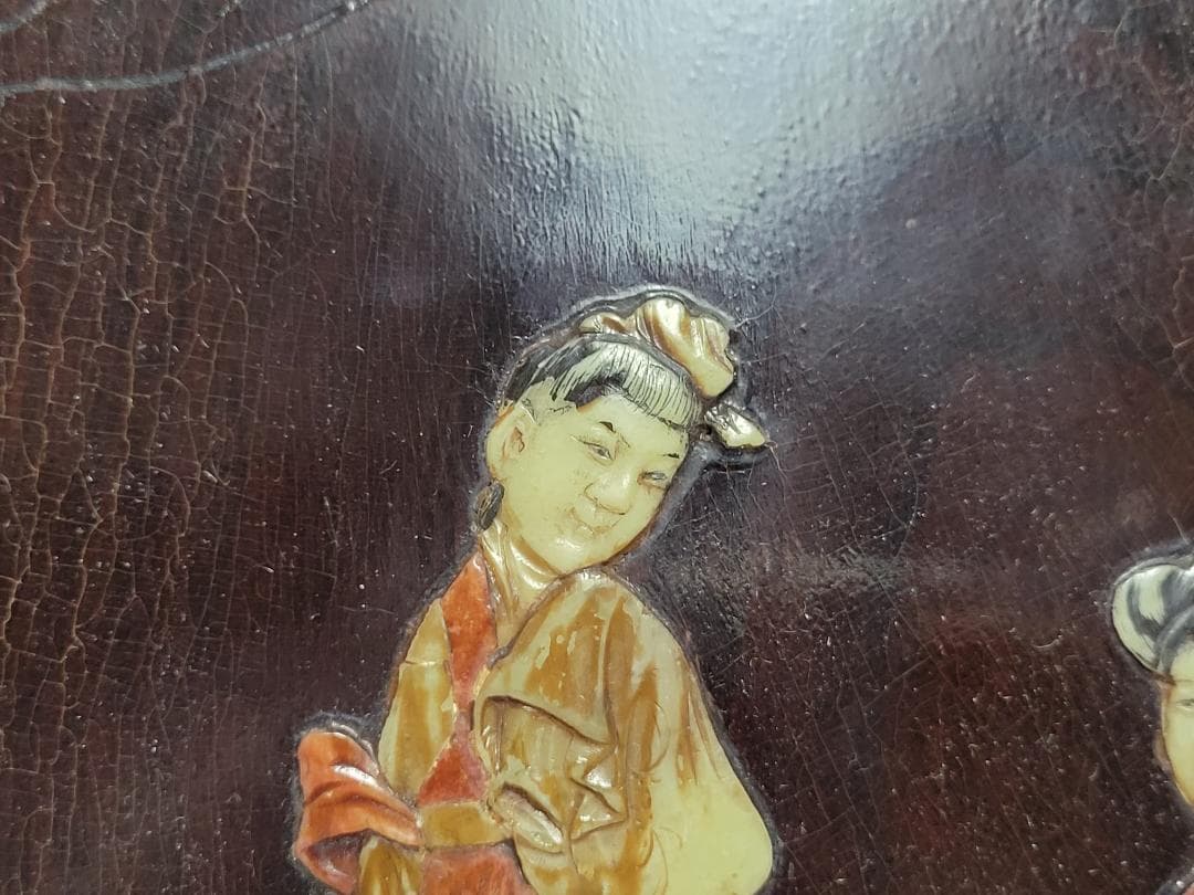 唐木製 寿山石 象嵌 女人図 木板 高さ約30.3cm