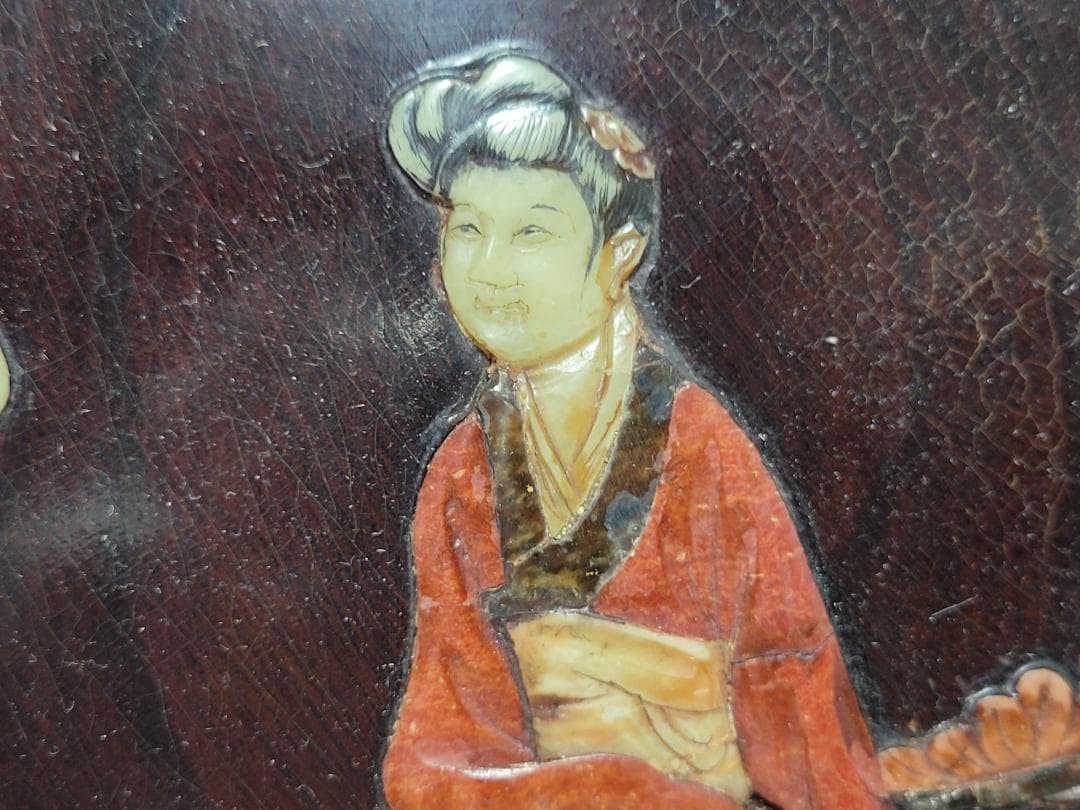 唐木製 寿山石 象嵌 女人図 木板 高さ約30.3cm