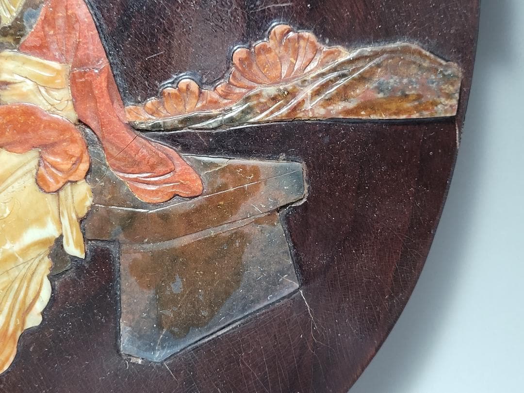 唐木製 寿山石 象嵌 女人図 木板 高さ約30.3cm