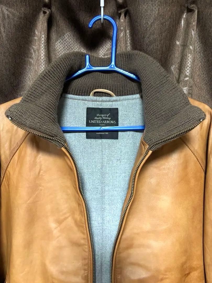 ユナイテッドアローズ・レザーライダース シングル襟もとニット・Ｌサイズ・ラム革