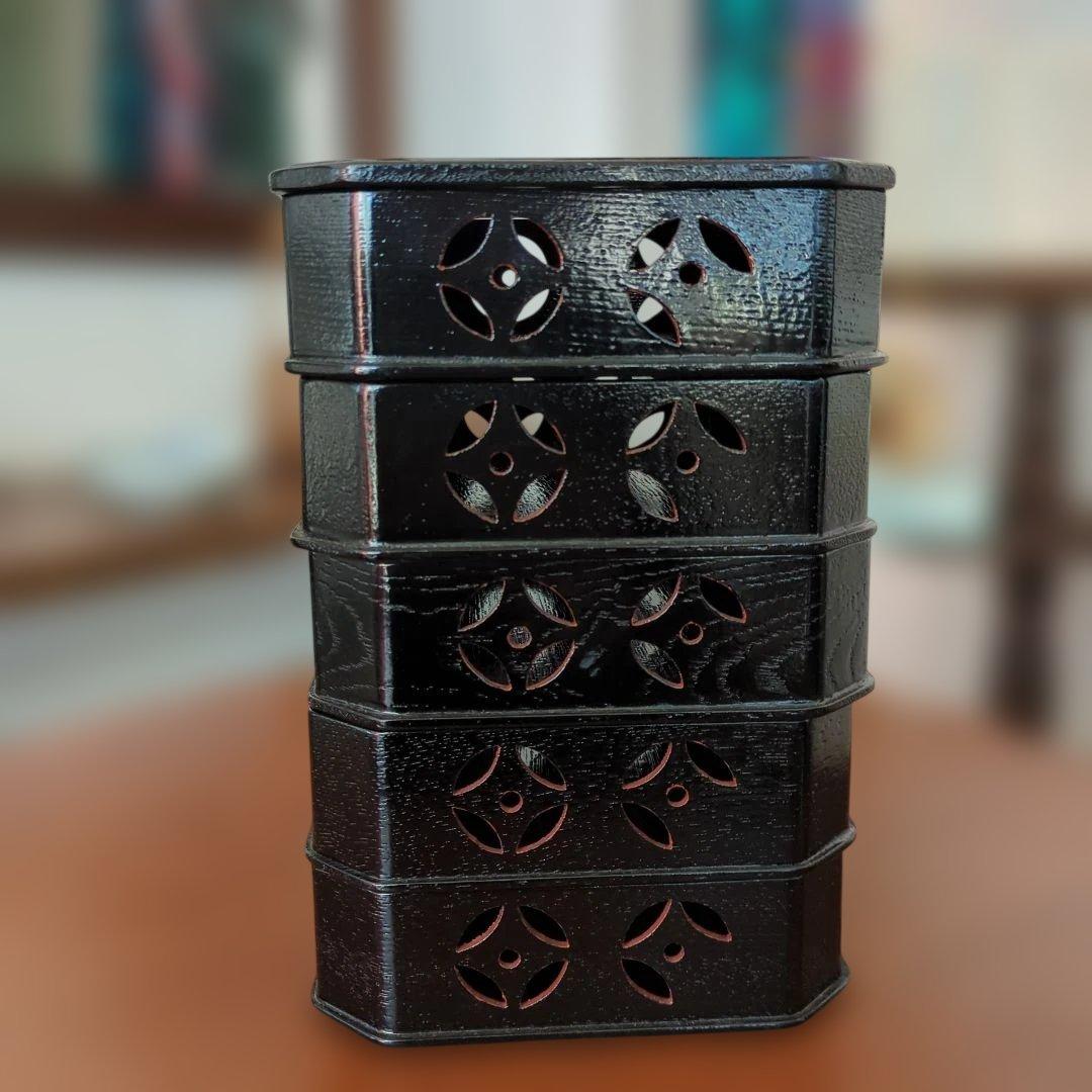 縁高　柿合　七宝透かし　木製　茶道具　茶道漆　漆器　5段　紙箱