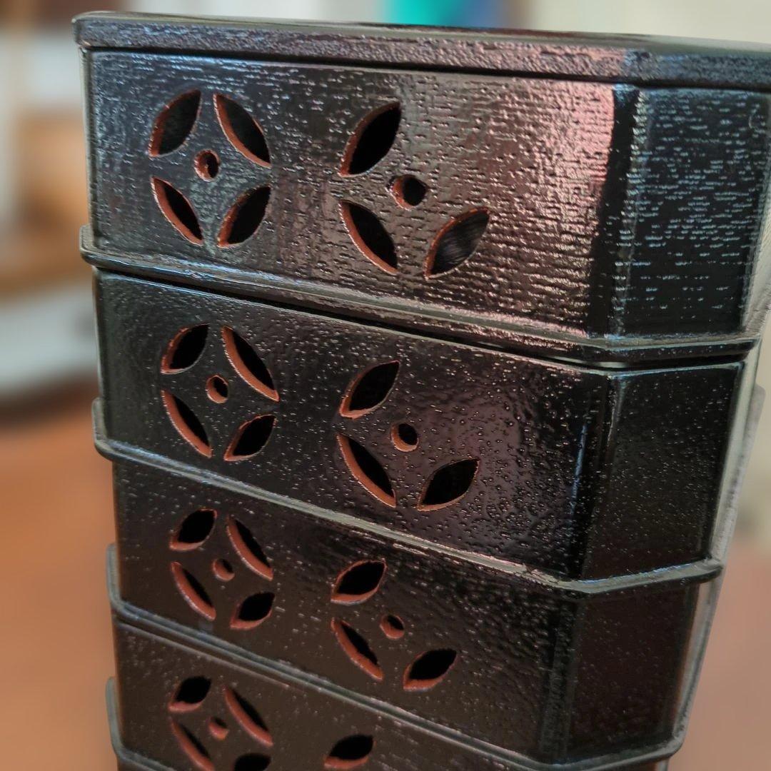 縁高　柿合　七宝透かし　木製　茶道具　茶道漆　漆器　5段　紙箱