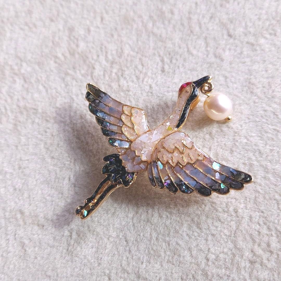 本真珠　シェル　鶴　ブローチ