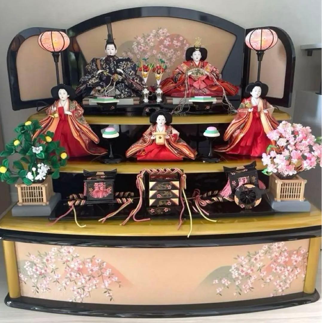 美品　原孝州　お雛様　雛人形　三段飾り　五人飾り　桜刺繍　光るぼんぼり