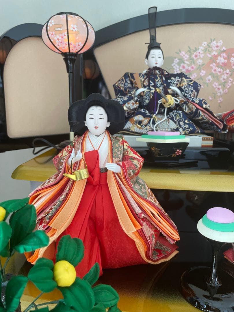 美品　原孝州　お雛様　雛人形　三段飾り　五人飾り　桜刺繍　光るぼんぼり