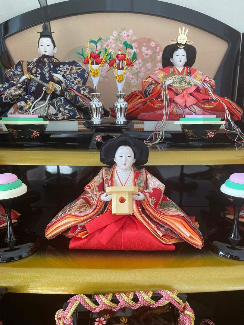 美品　原孝州　お雛様　雛人形　三段飾り　五人飾り　桜刺繍　光るぼんぼり