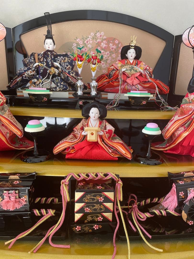 美品　原孝州　お雛様　雛人形　三段飾り　五人飾り　桜刺繍　光るぼんぼり