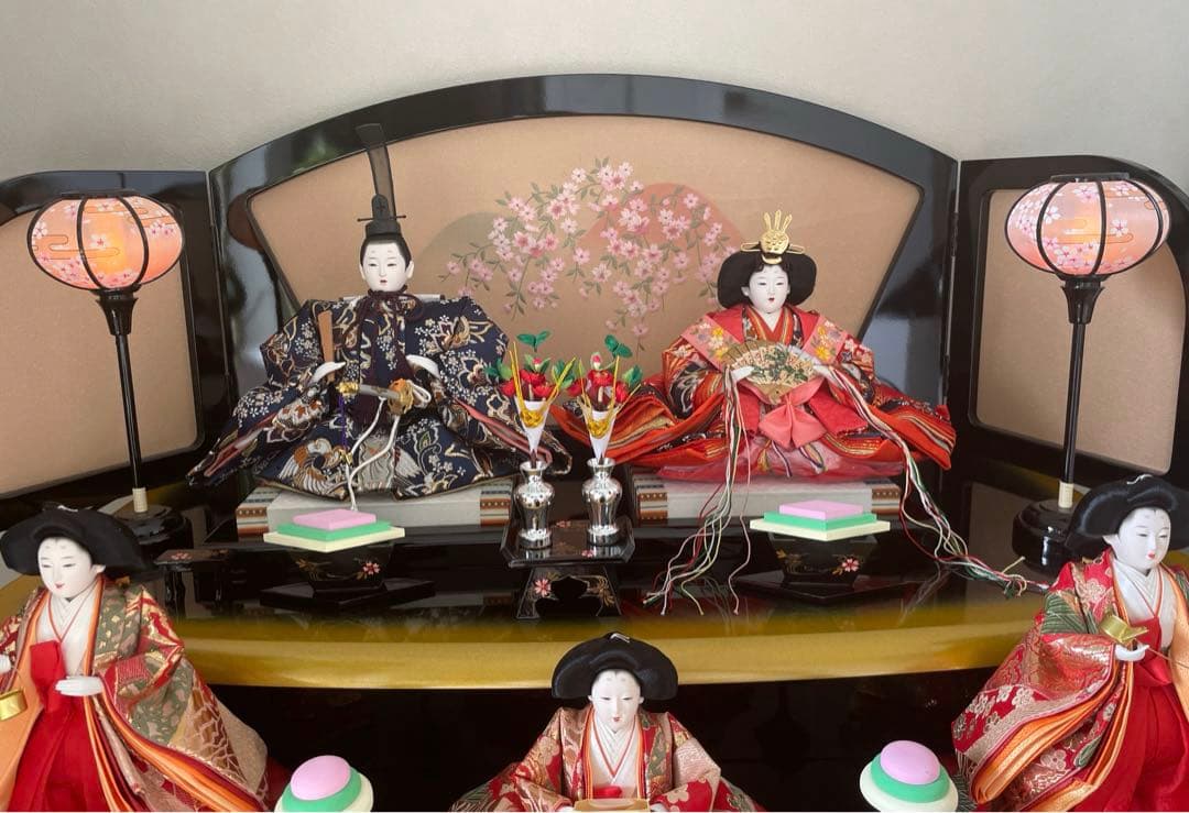 美品　原孝州　お雛様　雛人形　三段飾り　五人飾り　桜刺繍　光るぼんぼり