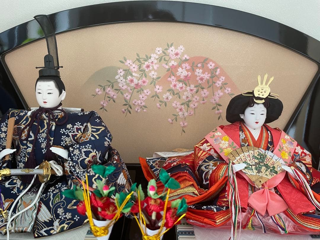 美品　原孝州　お雛様　雛人形　三段飾り　五人飾り　桜刺繍　光るぼんぼり