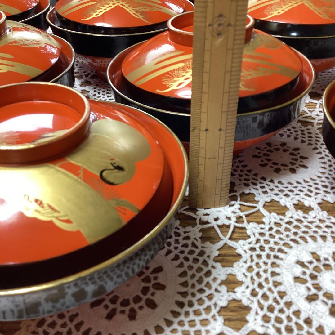 k2f19 漆器 吸物椀　10客　　朱　金色の鶴デザイン