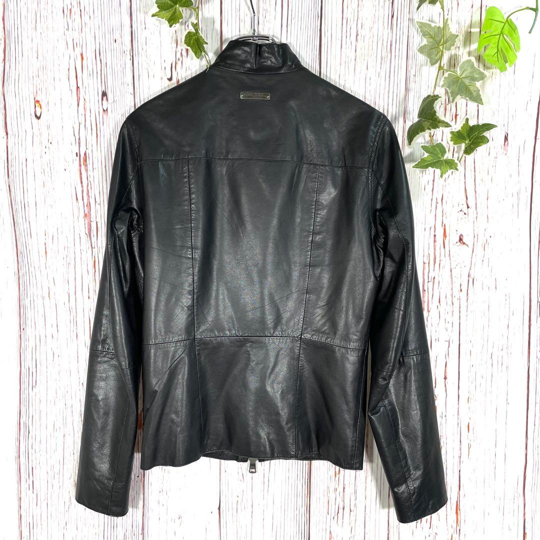 【美品】アルマーニエクスチェンジレザージャケット　シングル　黒　金属ロゴ　ヤギ革