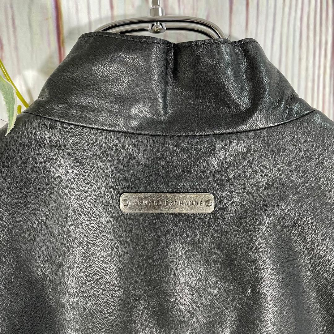 【美品】アルマーニエクスチェンジレザージャケット　シングル　黒　金属ロゴ　ヤギ革