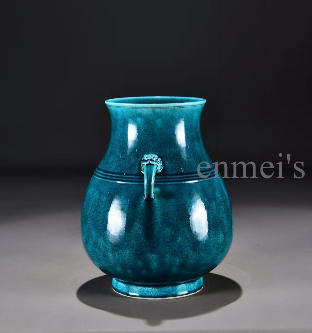 中国古美術 清雍正款 孔雀青釉 暗刻 花瓶 広口壺 古陶磁 骨董品 唐物 古玩