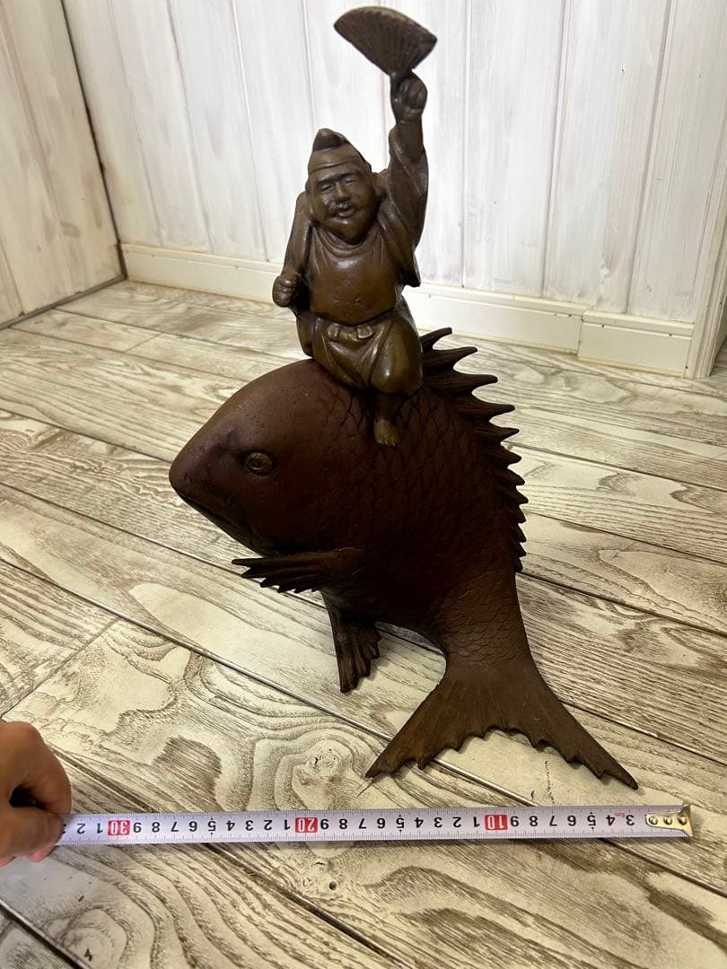 金運アップ　恵比寿と鯛　ブロンズ 魚と人物像 アート作品