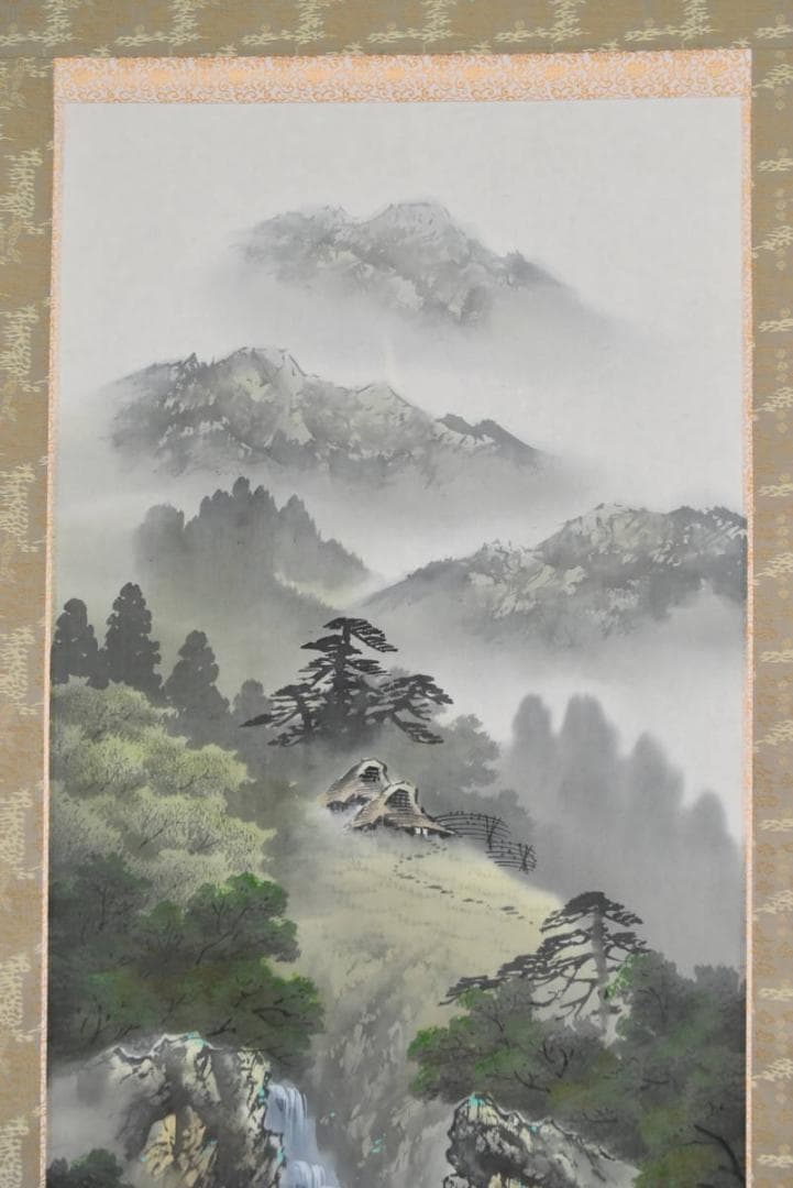 【真作】西脇繁華/山家滝釣人図/山水図/掛軸☆宝船☆AB-343