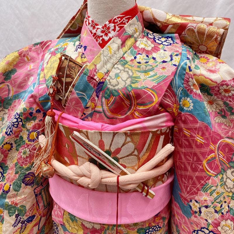 510ag48◎七五三 七歳 女児 アンティーク着物&丸帯 総柄 濃い水色◎