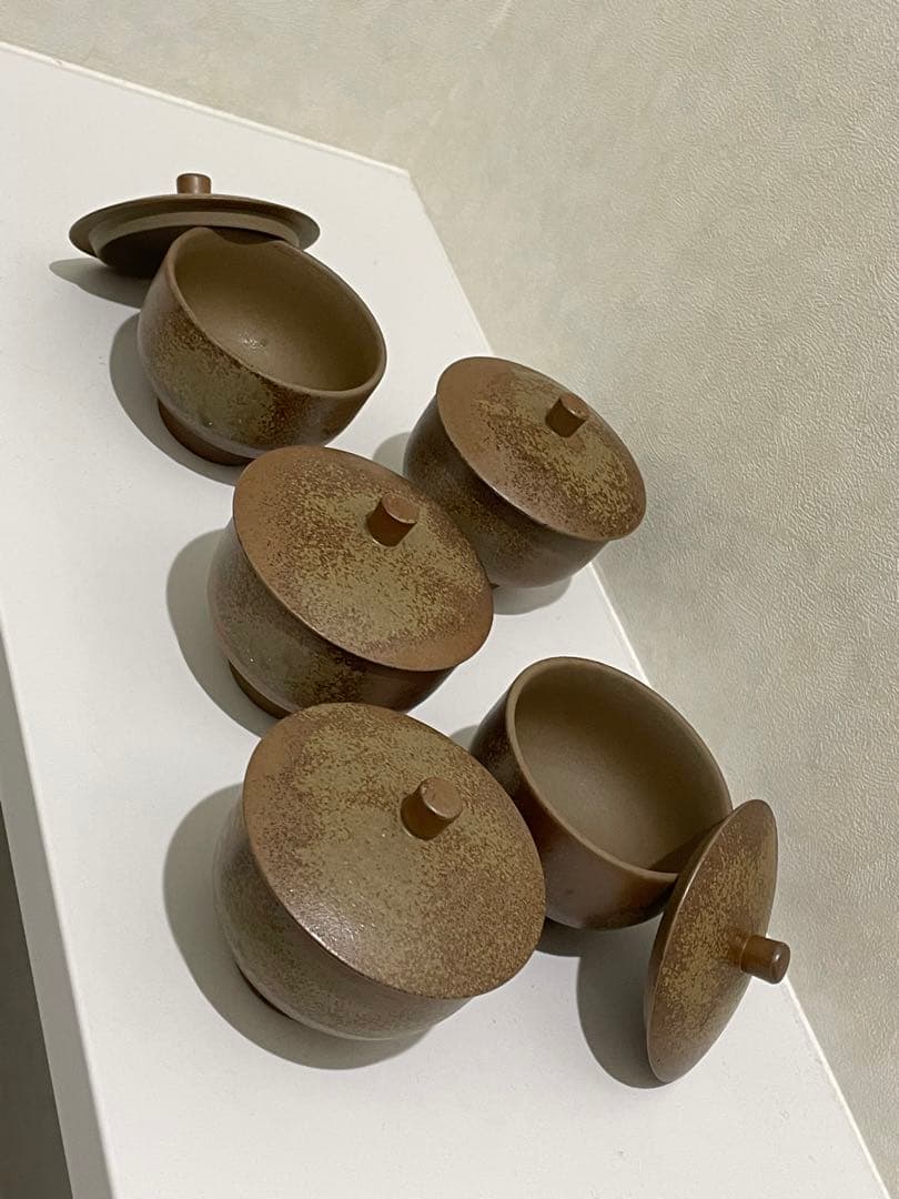 備前焼　火襷　大ぶり蓋付茶器　五客