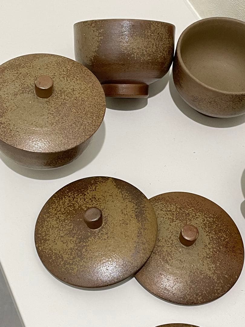 備前焼　火襷　大ぶり蓋付茶器　五客