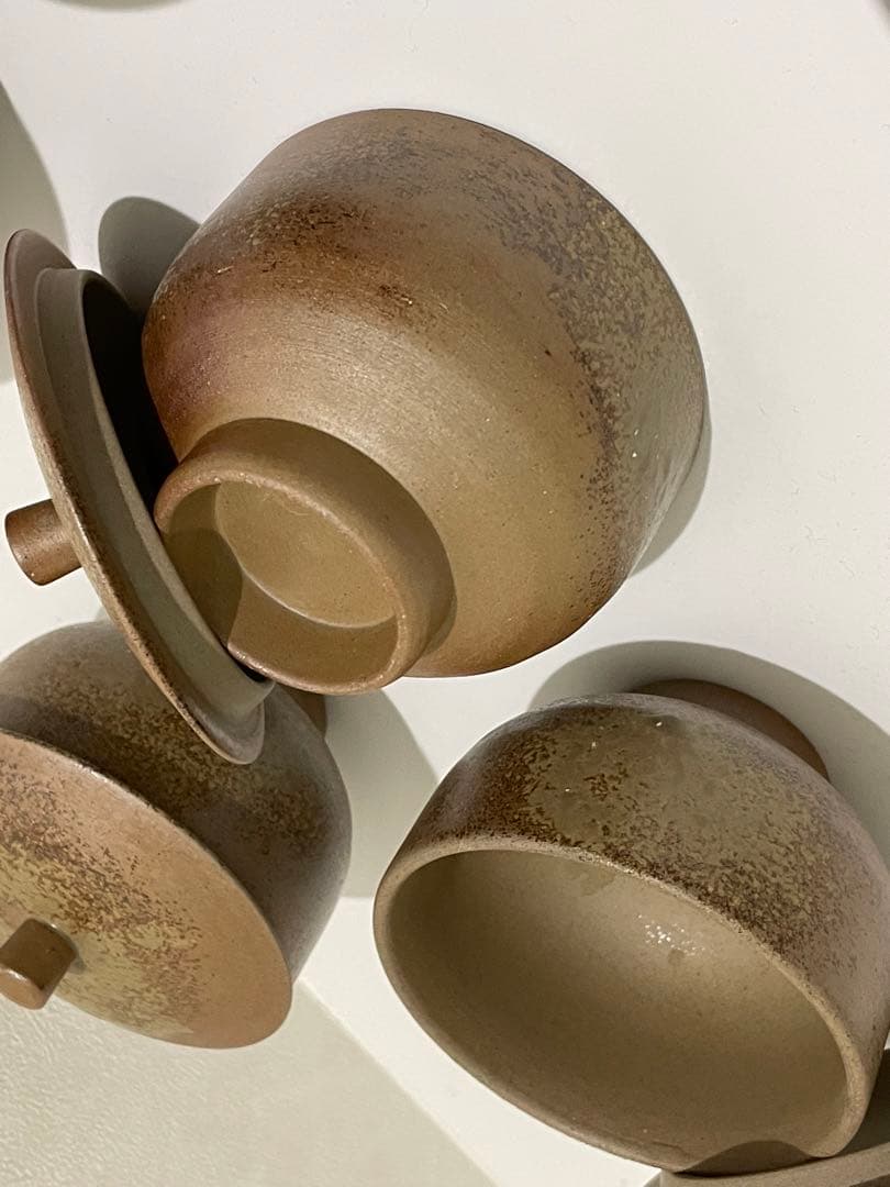 備前焼　火襷　大ぶり蓋付茶器　五客