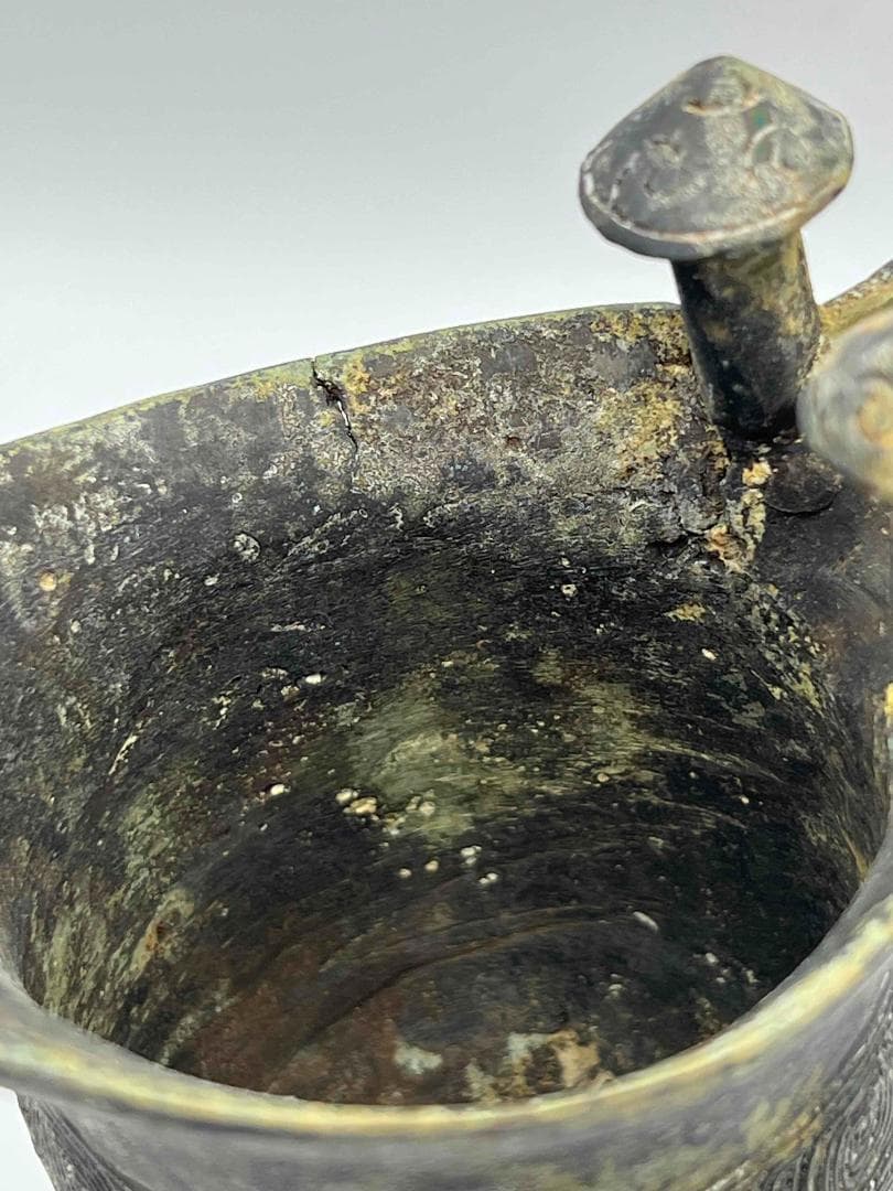 中国古美術　戦国から漢時代　青銅　ブロンズ　三足爵盃　酒具　極最工(C-72)