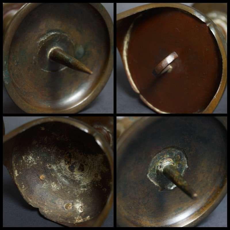 明治期 銅製唐銅燭台(一対) 共箱 仏具 行灯 蝋燭立て 和室照明 寺院