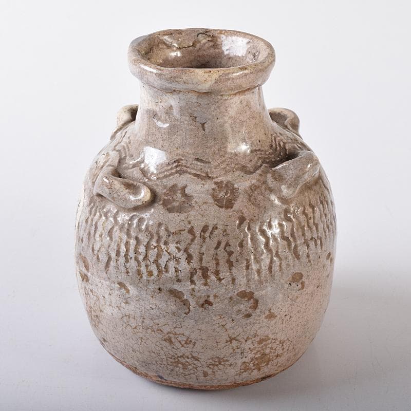 尾張笹島焼　暦手三島四耳壷　徳利　時代箱付　V　R8178