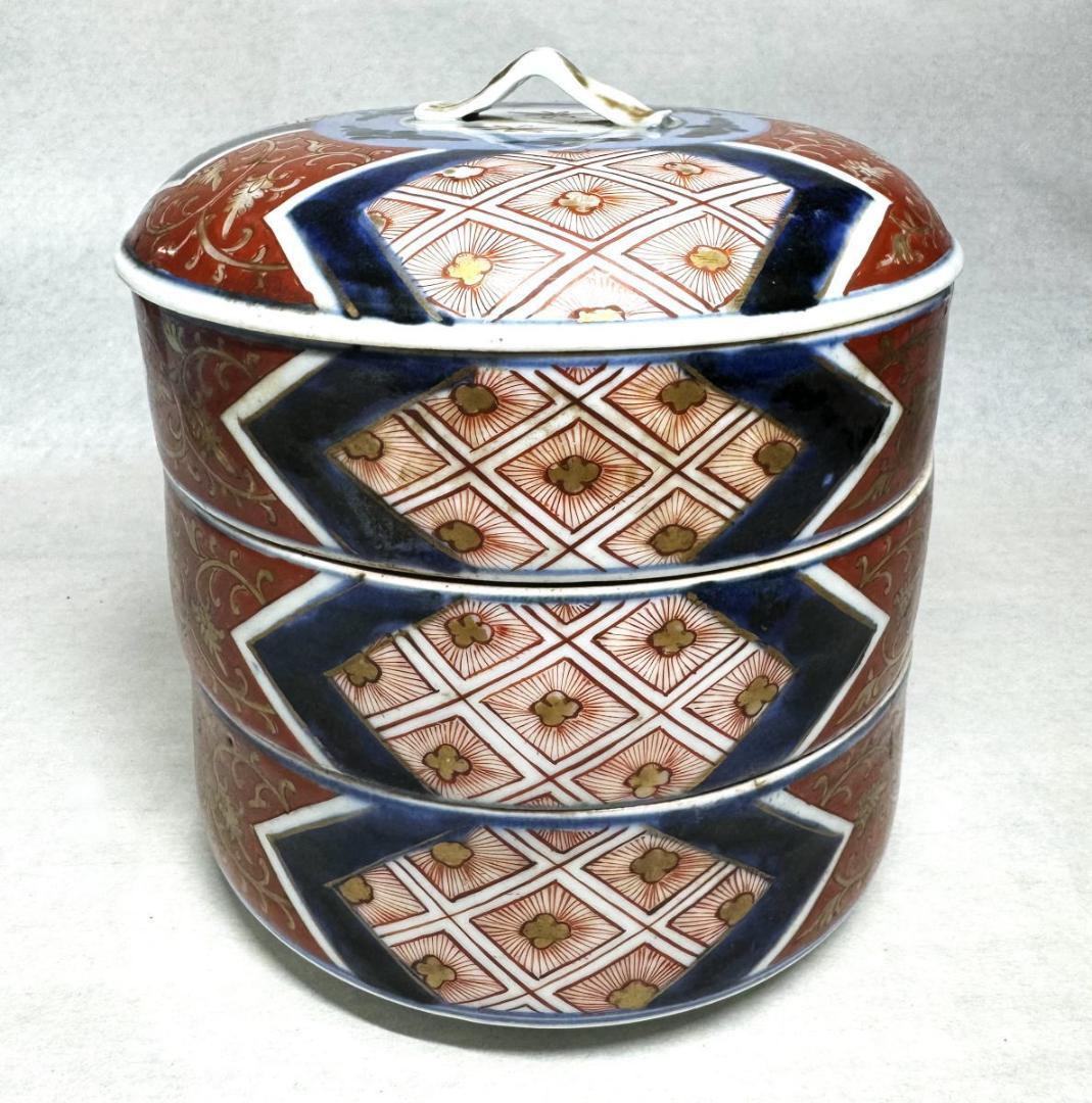 江戸後期 古伊万里 染錦 三段重 箱付 ウブ品 伝世品 入手困難 WWTT232