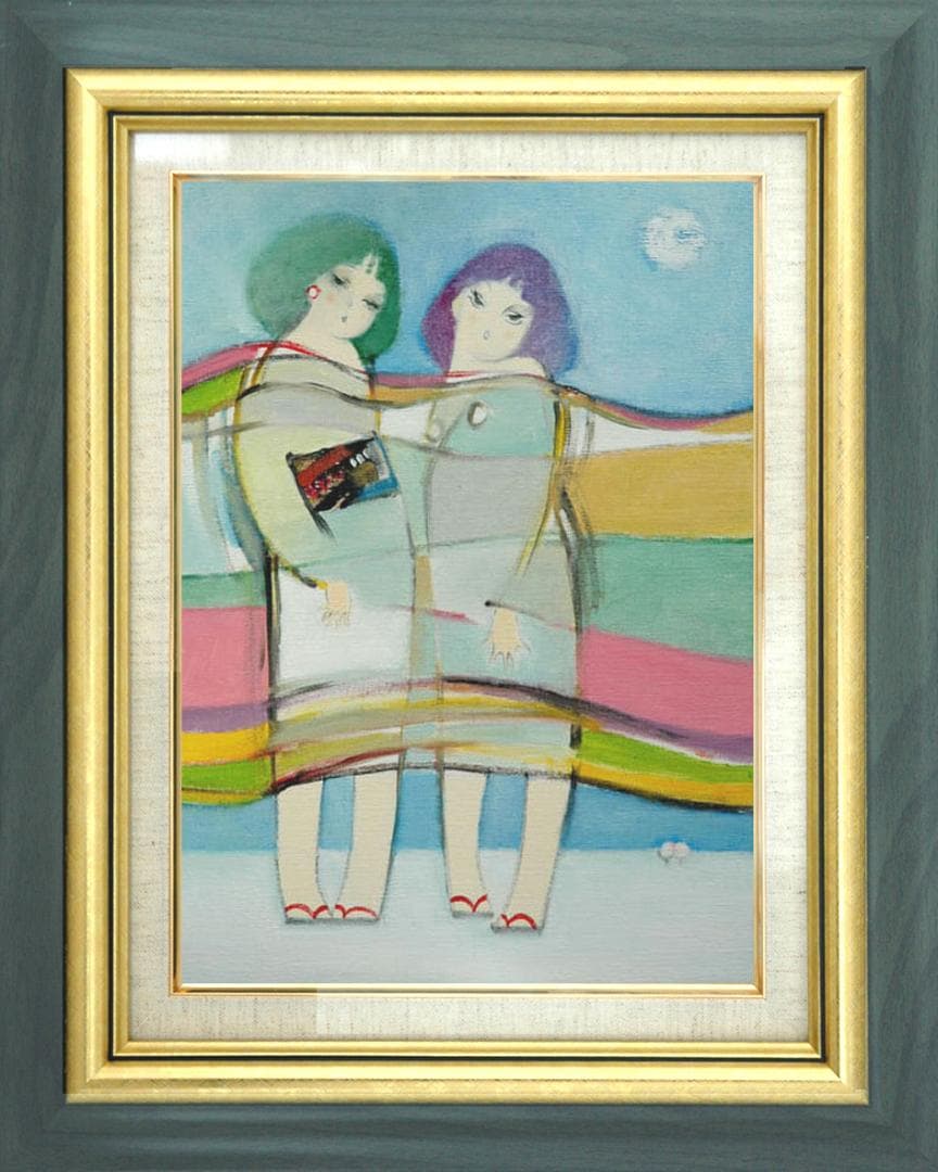 油絵 菅家令子 絵 絵画インテリア額付(青緑＋金色の枠)F6-083711 子供